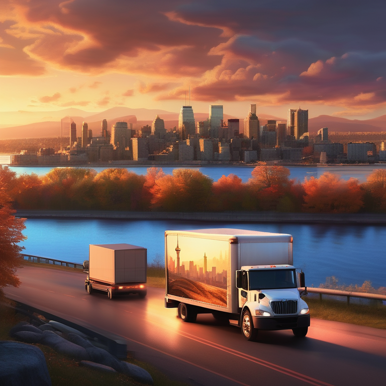 Moving truck between silhouettes of Montreal and Vancouver landmarks at sunrise.