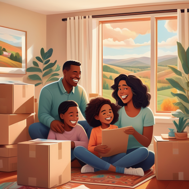 Digital illustration of a cheerful family with moving boxes in a new home, with Caledon's landscape visible through the window.