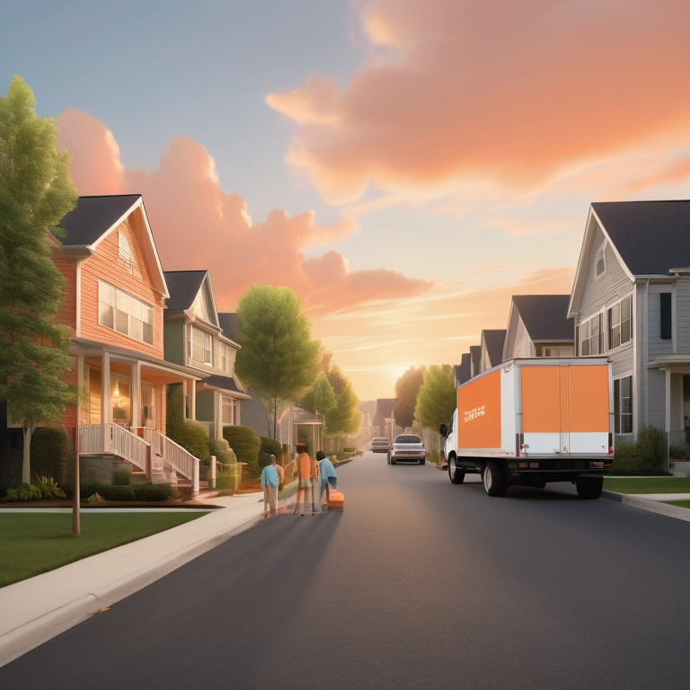 Happy family supervises movers loading boxes on a peaceful suburban street at sunrise.