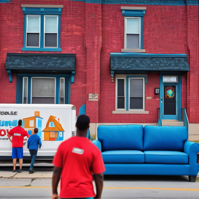 Movers carrying a sofa from a house into a moving van on a sunny Brantford street.