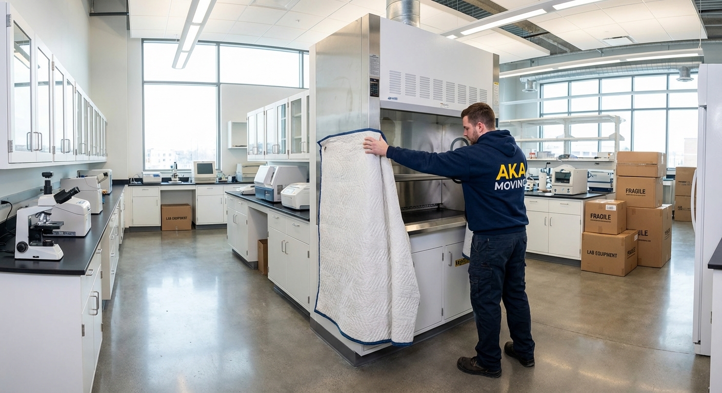 Technicien d'AKA Moving emballant une hotte de laboratoire lors d'une relocalisation à Montréal