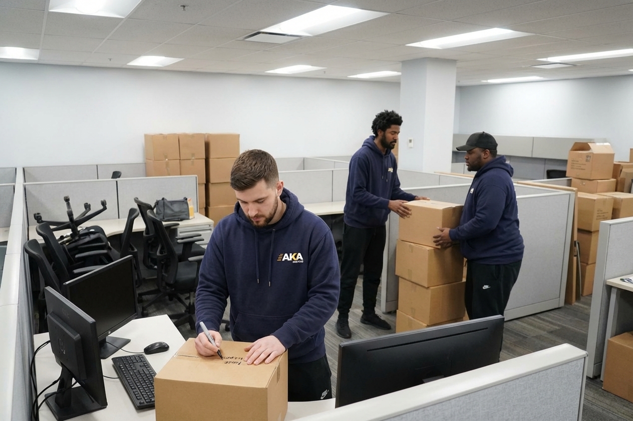 Équipe d'AKA Moving lors d'une relocalisation de bureau à Montréal avec cubicules, postes de travail et écrans
