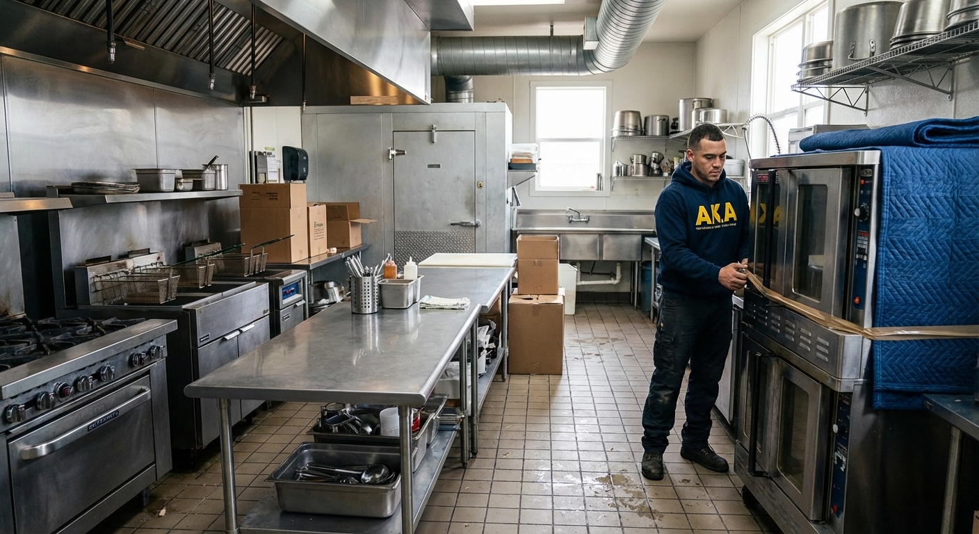 Technicien d'AKA Moving emballant un four commercial lors d'une relocalisation de cuisine de restaurant à Montréal