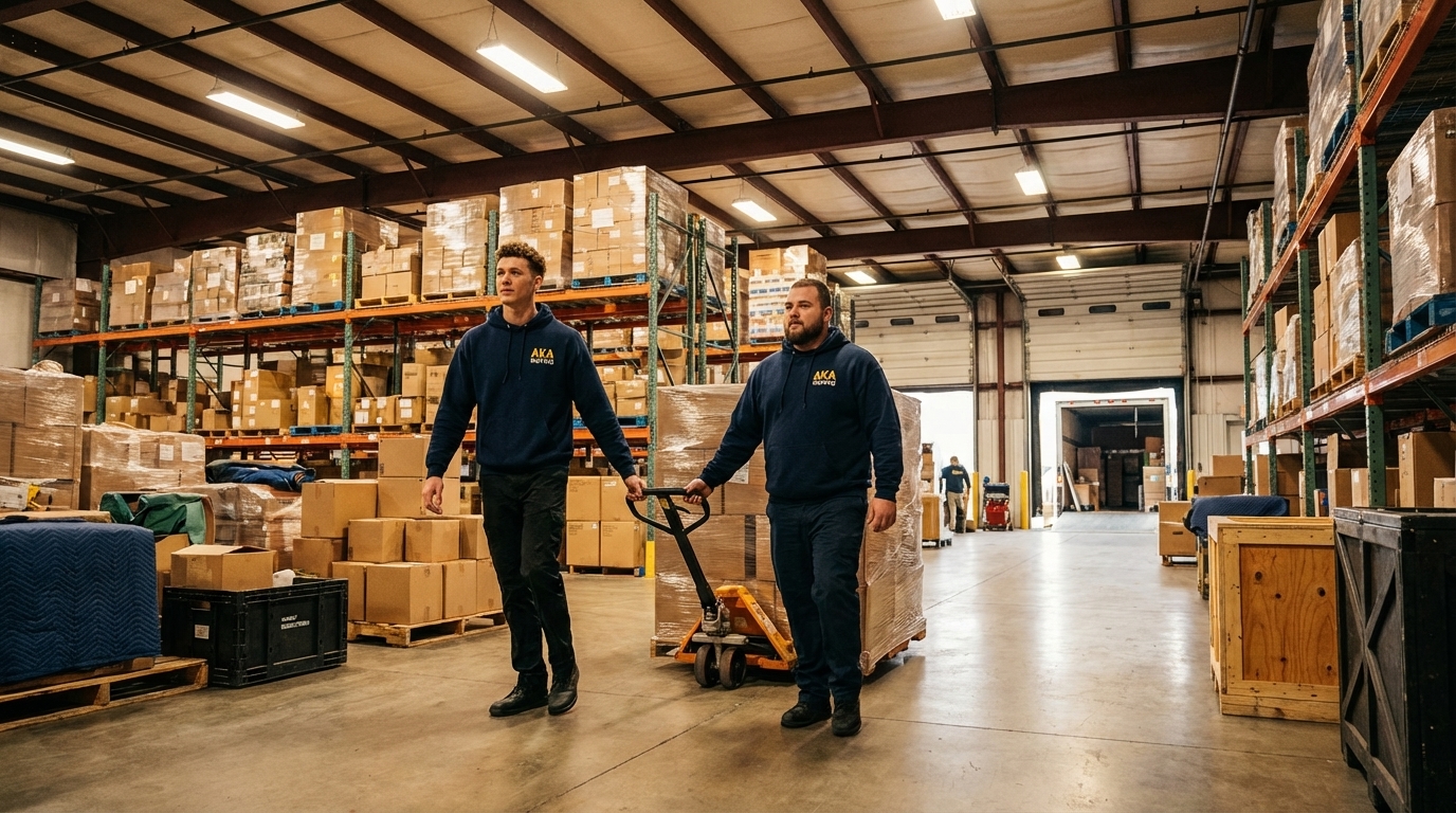 Équipe d'AKA Moving avec un transpalette et des boîtes d'inventaire lors d'une relocalisation d'entrepôt à Montréal