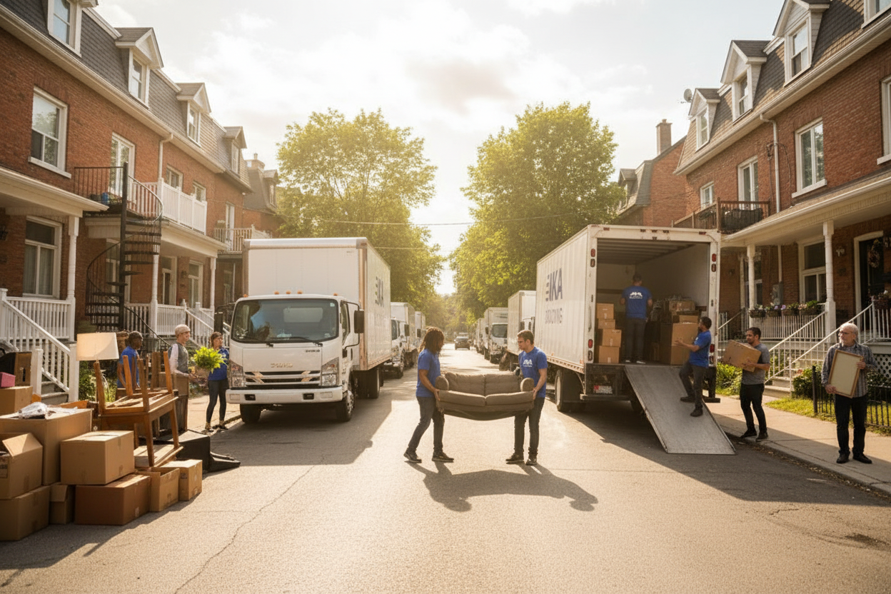 Plusieurs camions de demenagement AKA Moving dans une rue de Montreal lors du 1er juillet
