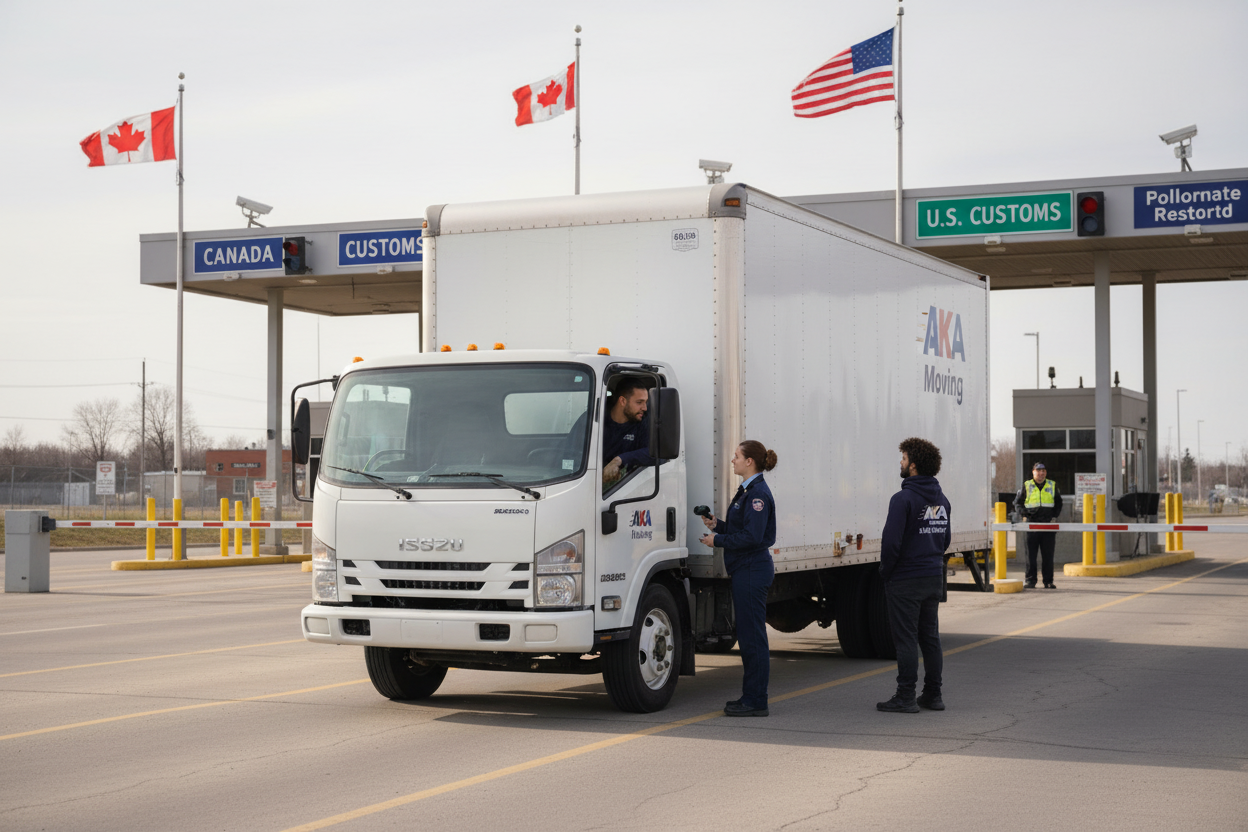 AKA Moving truck at the Canada-US border crossing for a cross-border long-distance move