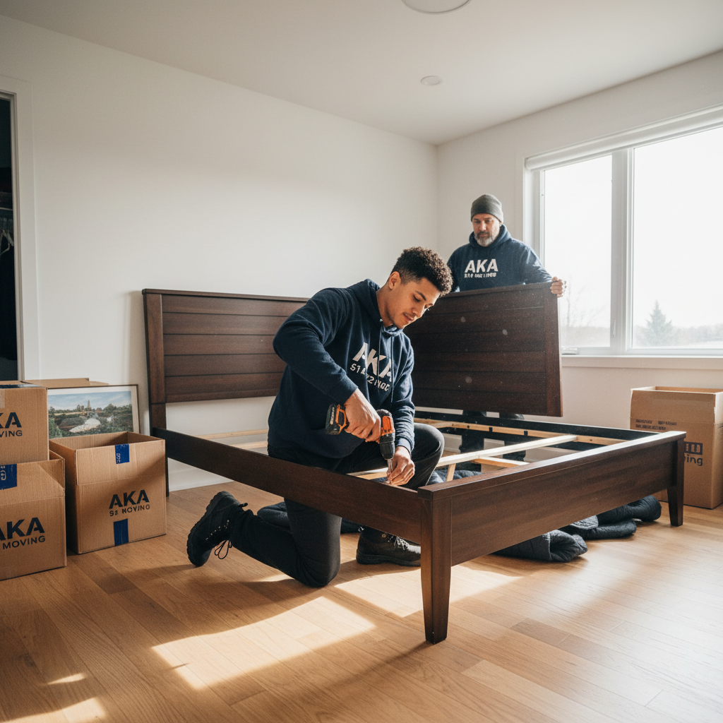 AKA Moving crew assembling furniture at the destination after a long-distance move