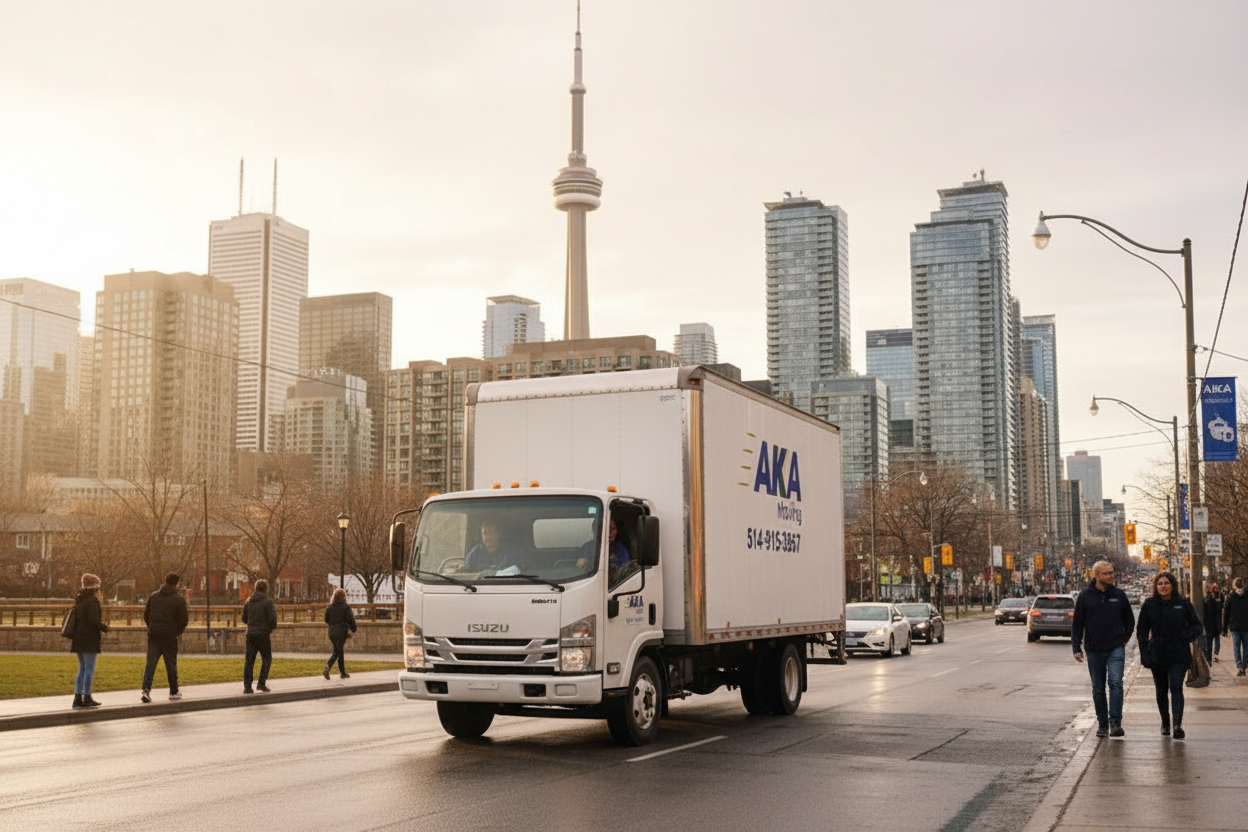 AKA Moving truck arriving in Toronto with the CN Tower in the background