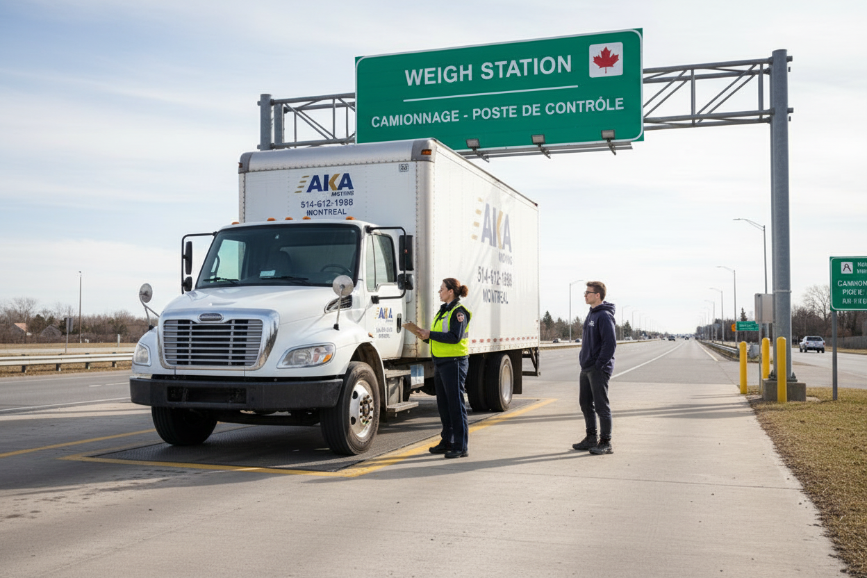AKA Moving truck at a Canadian weigh station checkpoint demonstrating long-distance compliance