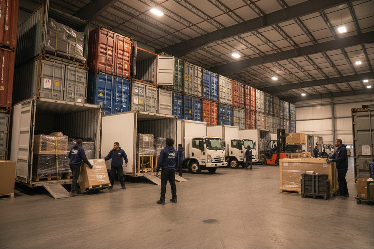 AKA Moving warehouse with shipping containers and trucks prepared for long distance moves