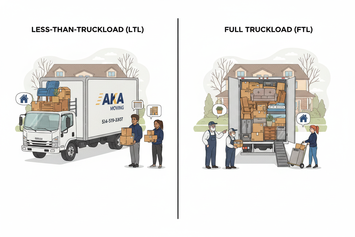 LTL vs FTL shipping comparison infographic showing shared truck vs full truckload