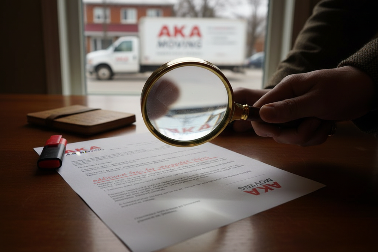 Loupe inspectant un contrat de demenagement pour des frais caches, avec un camion AKA Moving visible en arriere-plan