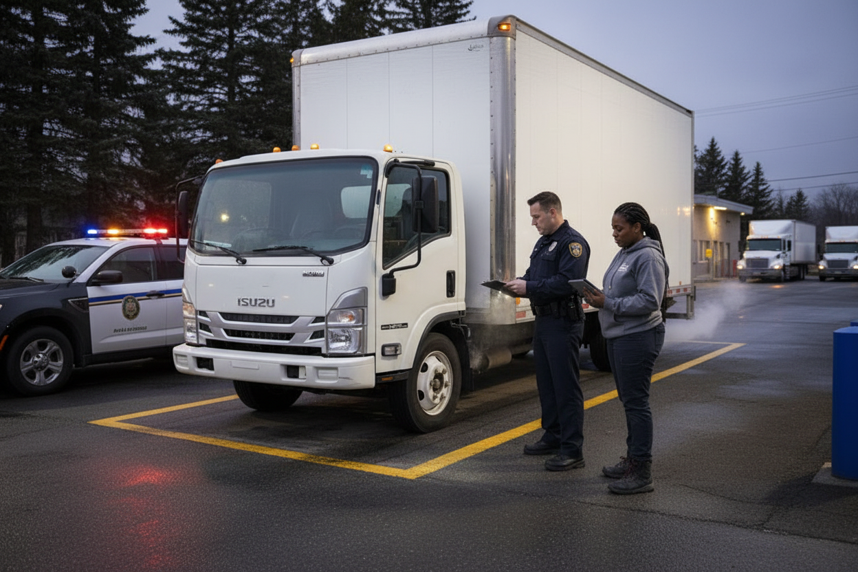 Moving truck pulled over at a Canadian weigh station for ELD enforcement check