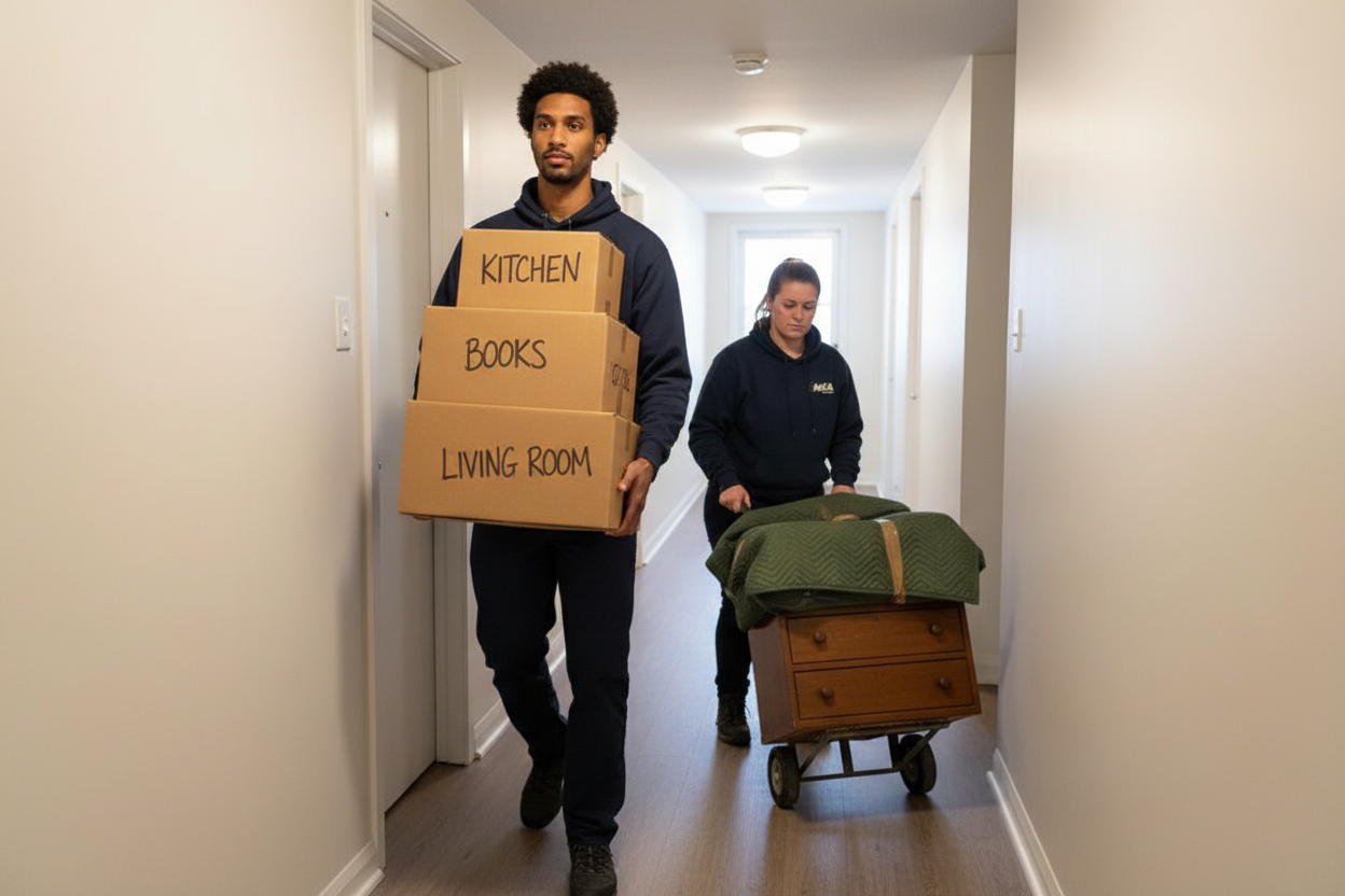 AKA Moving crew carrying labeled boxes through a Montreal apartment hallway