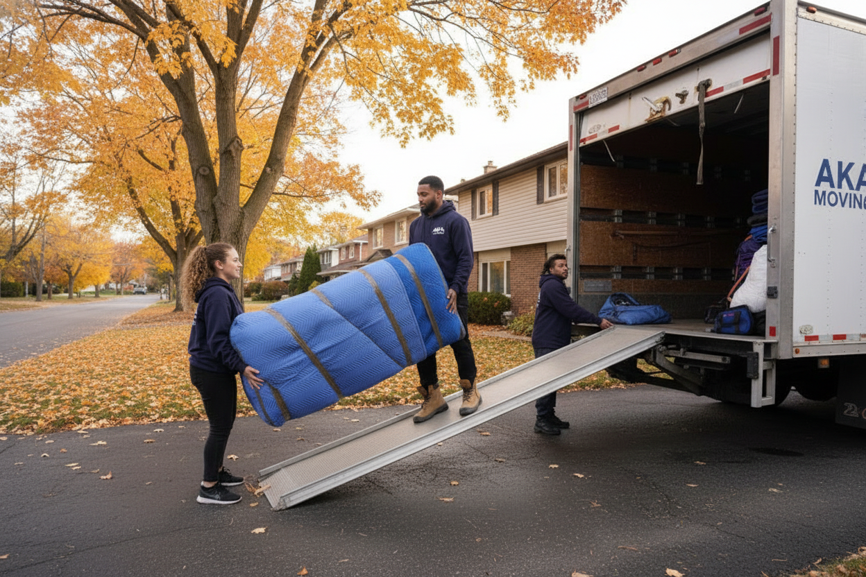 AKA Moving crew loading wrapped furniture from a suburban house into the truck