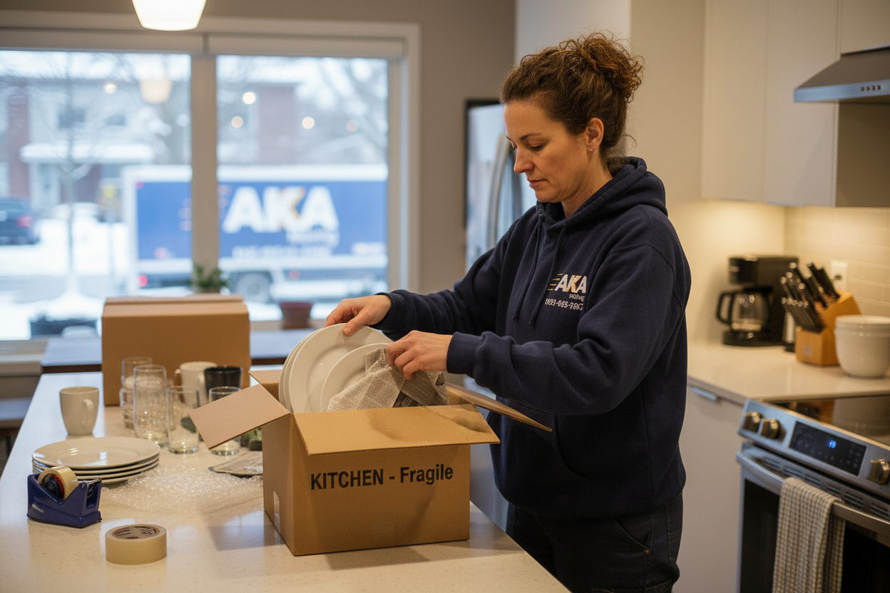 AKA Moving crew member packing kitchen plates into a labeled box