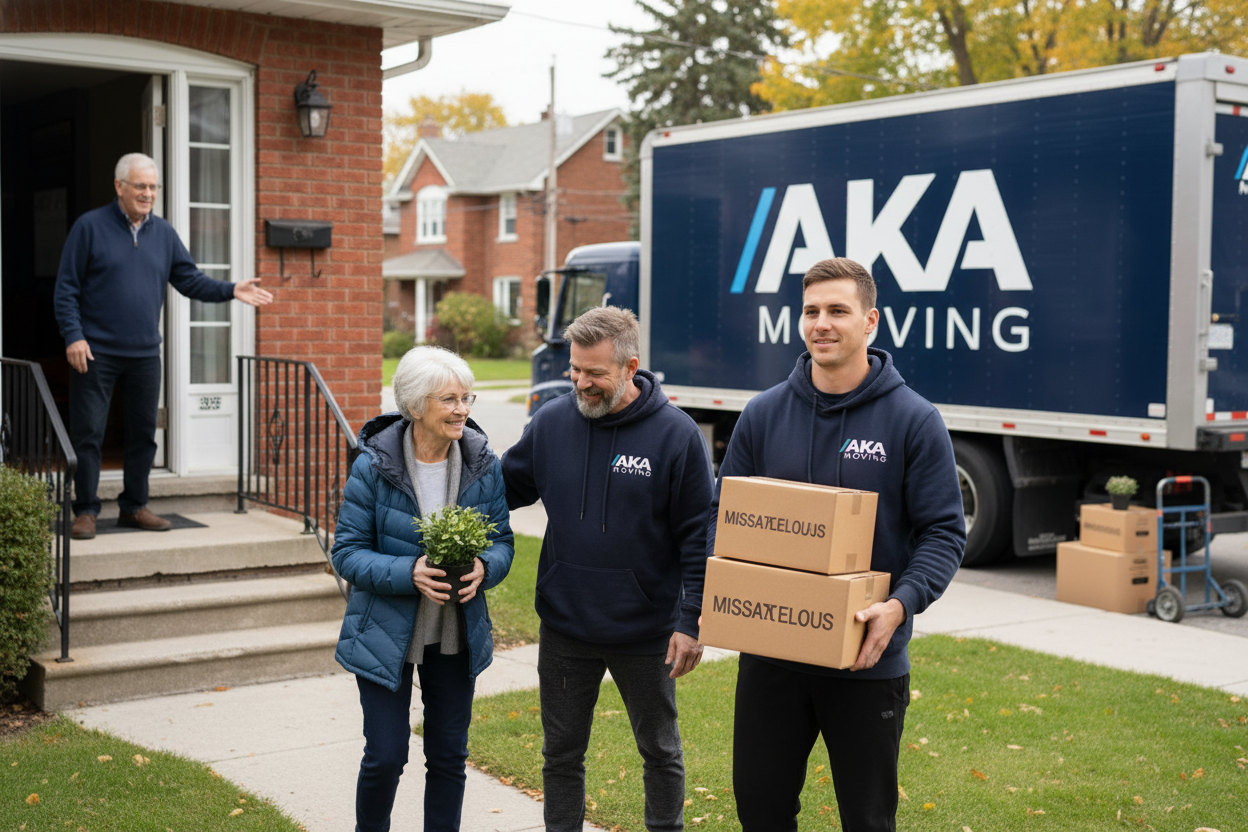 AKA Moving crew helping an elderly couple during a downsizing move from their family home