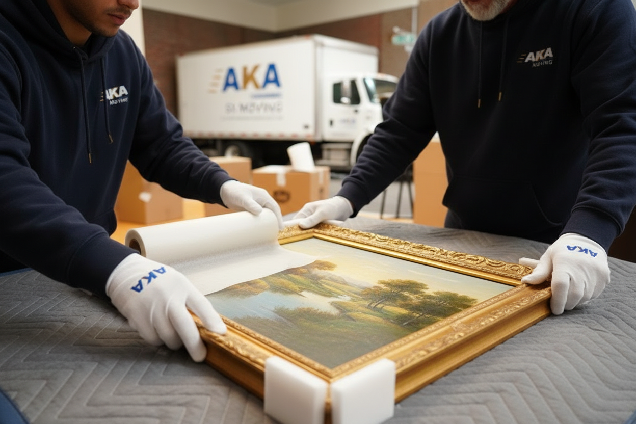 AKA Moving white gloves wrapping a framed painting with archival tissue