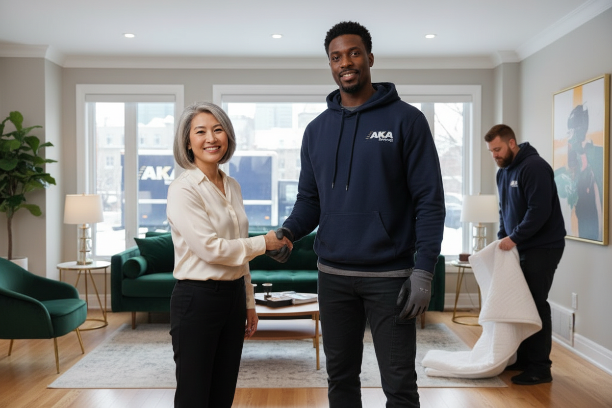 AKA Moving crew completing a white glove delivery with customer handshake in a Montreal home