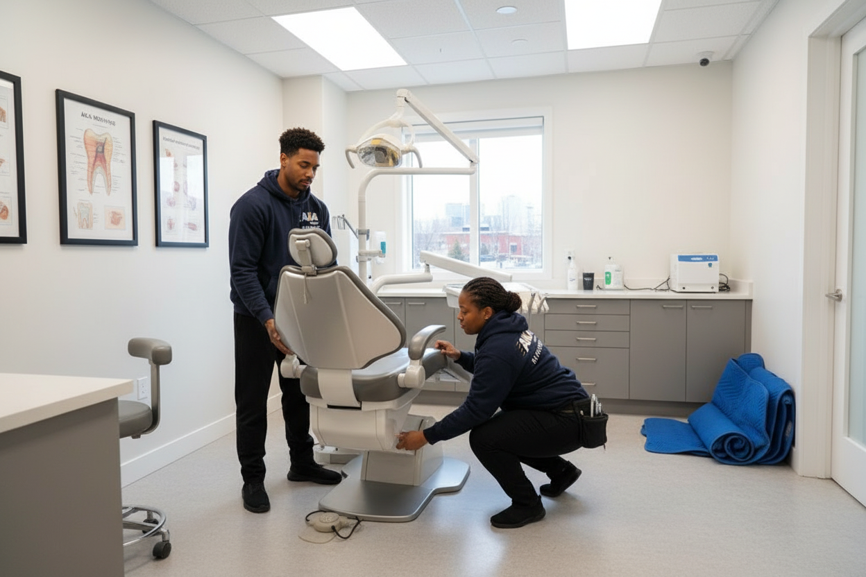 AKA Moving crew positioning a dental examination chair inside a Montreal dental clinic