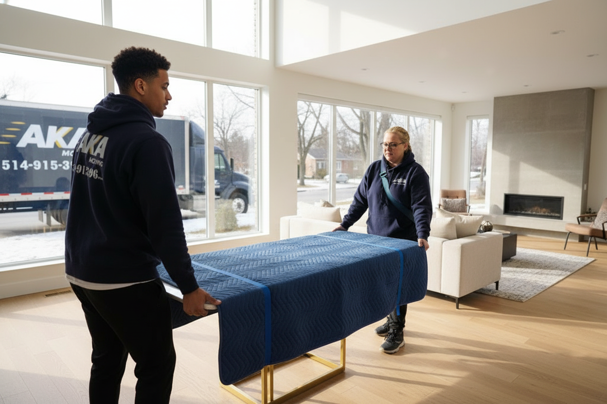 AKA Moving crew carrying a marble-topped dining table into a luxury Montreal home