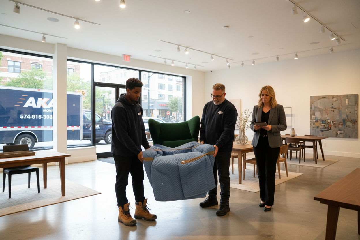 AKA Moving delivering a luxury chair to a Montreal furniture showroom
