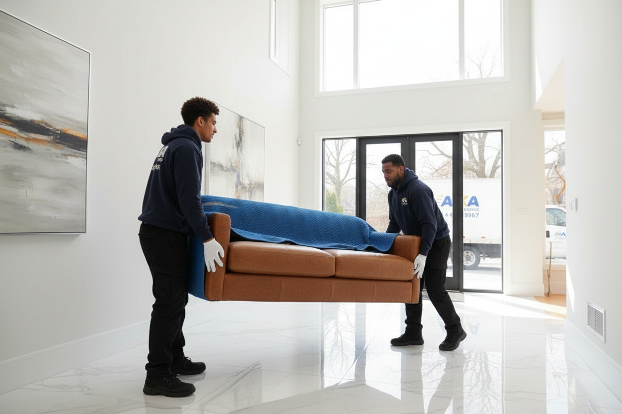 AKA Moving white glove delivery crew carrying a luxury sofa into a modern Montreal home