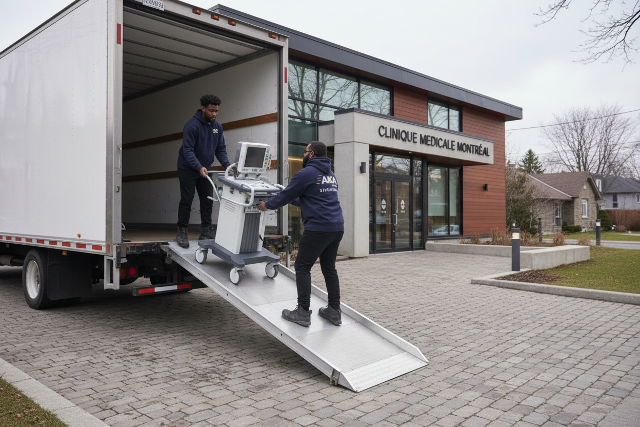 AKA Moving delivering medical equipment outside a Montreal clinic