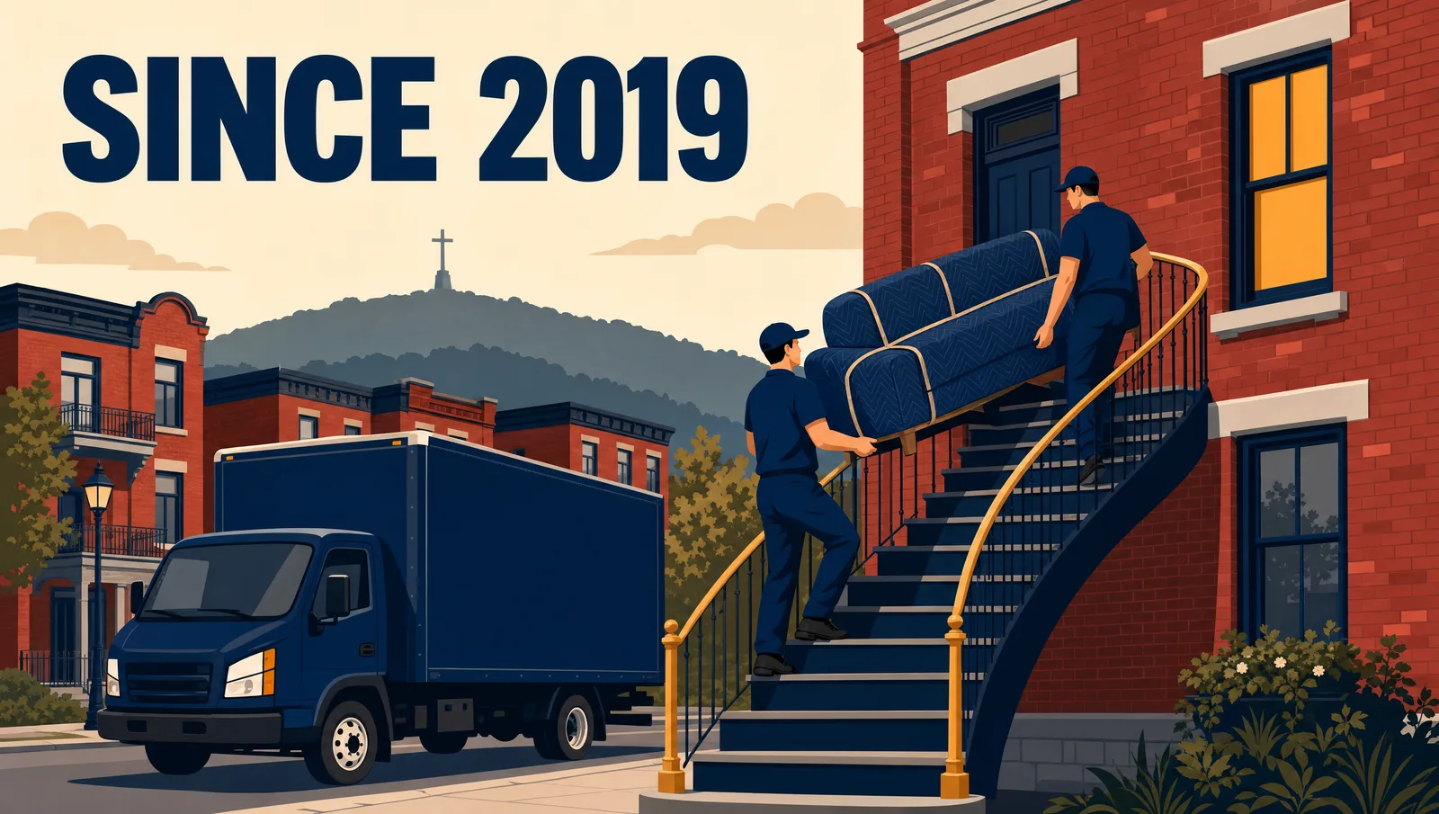 AKA Moving crew carrying a wrapped sofa up a Montreal spiral staircase, since 2019