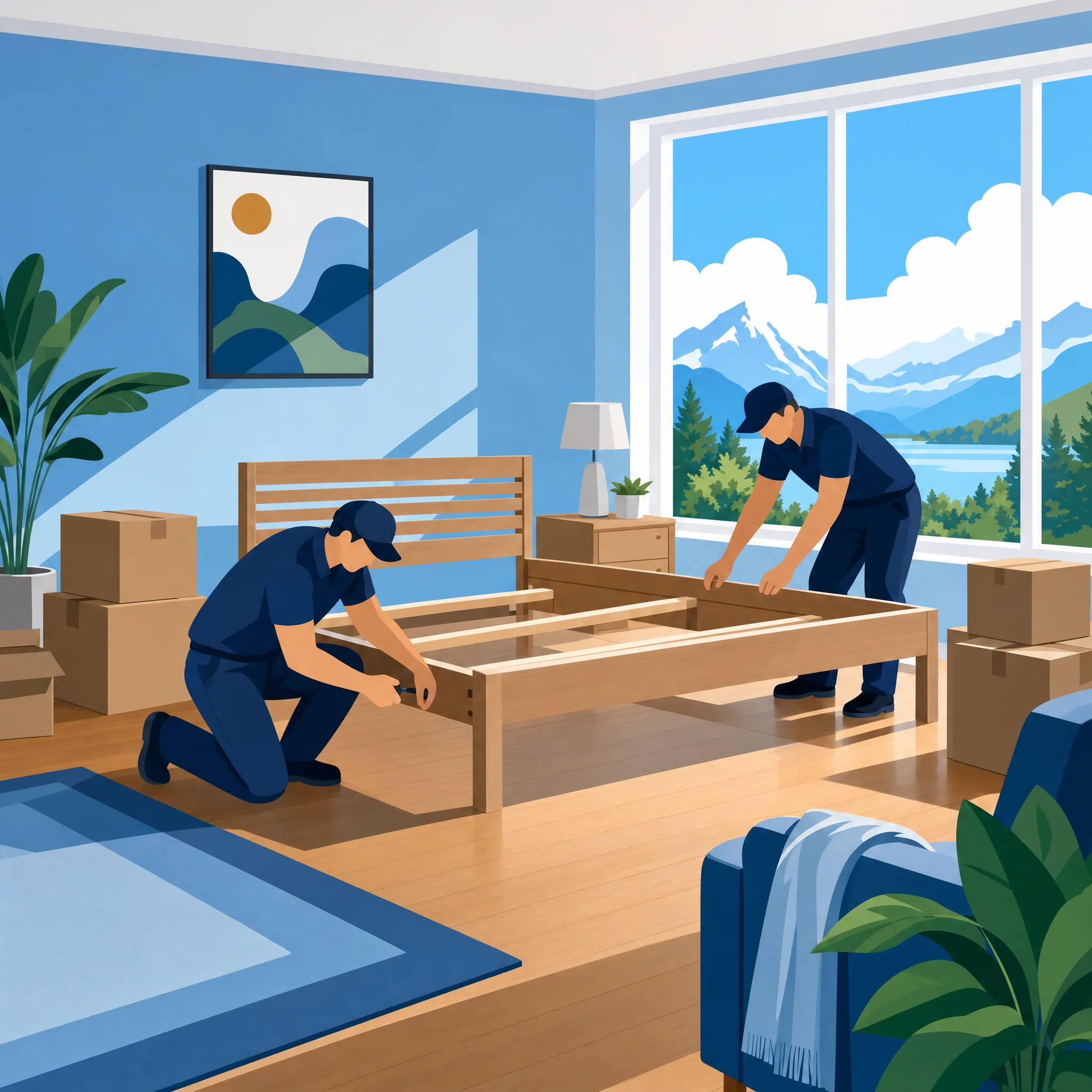 AKA Moving crew assembling a bed frame in a new home after a long-distance move