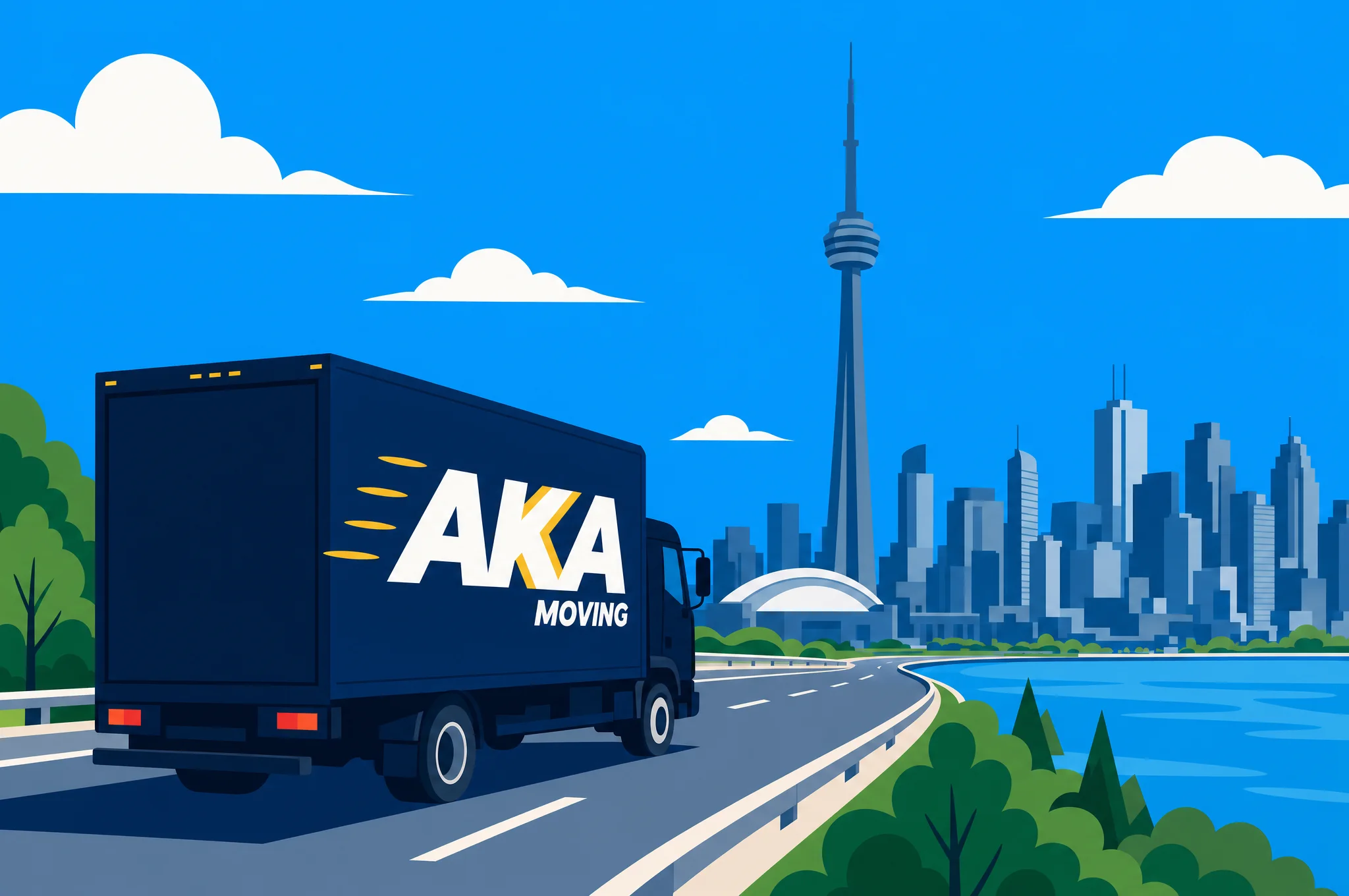 AKA Moving truck arriving in downtown Toronto with the CN Tower after a long-distance move from Montreal
