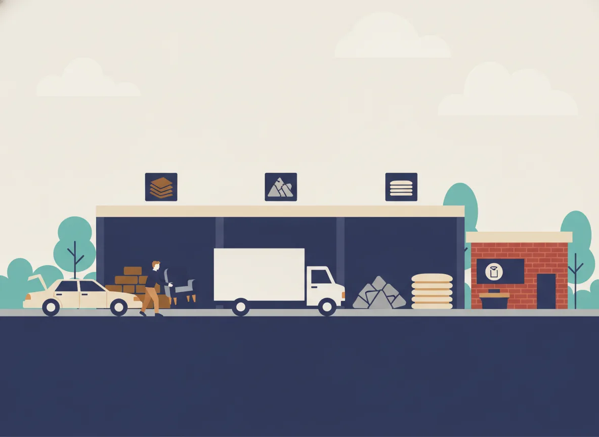 Illustration d'un grand centre de dépôt municipal avec des aires marquées et une auto qui décharge une chaise