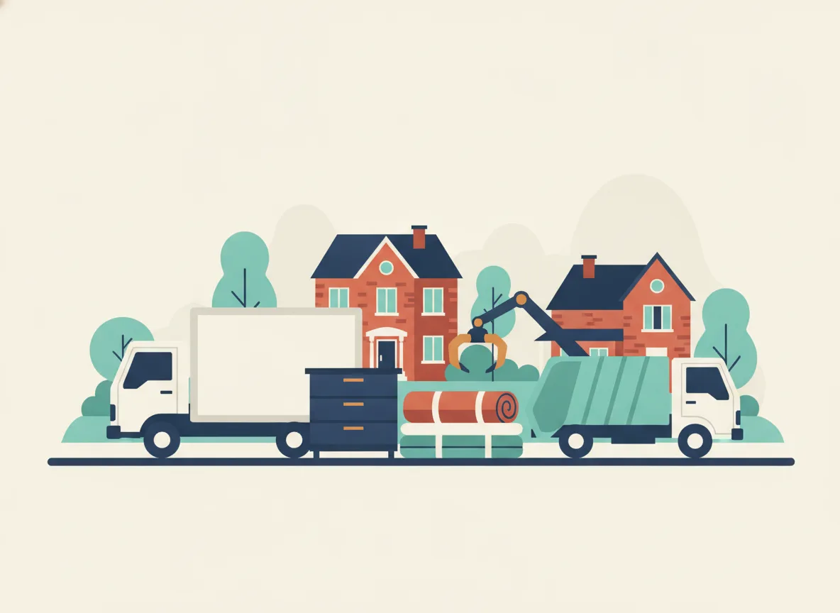 Illustration d'une bordure de banlieue avec une commode, un tapis roulé et un matelas ensaché, et un camion municipal à bras