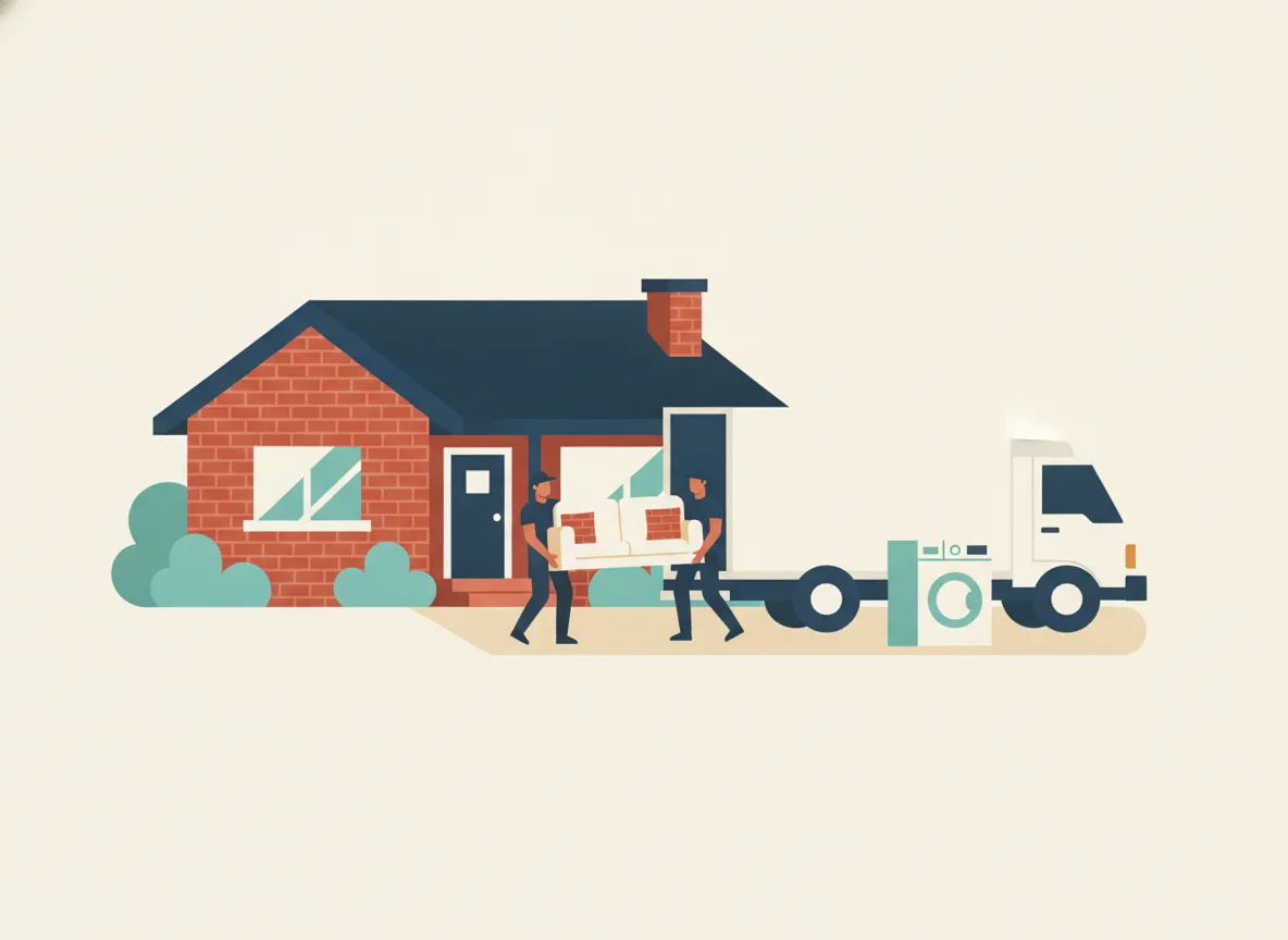 Illustration de déménageurs qui sortent un divan d'un bungalow pendant qu'une vieille laveuse attend dans l'entrée