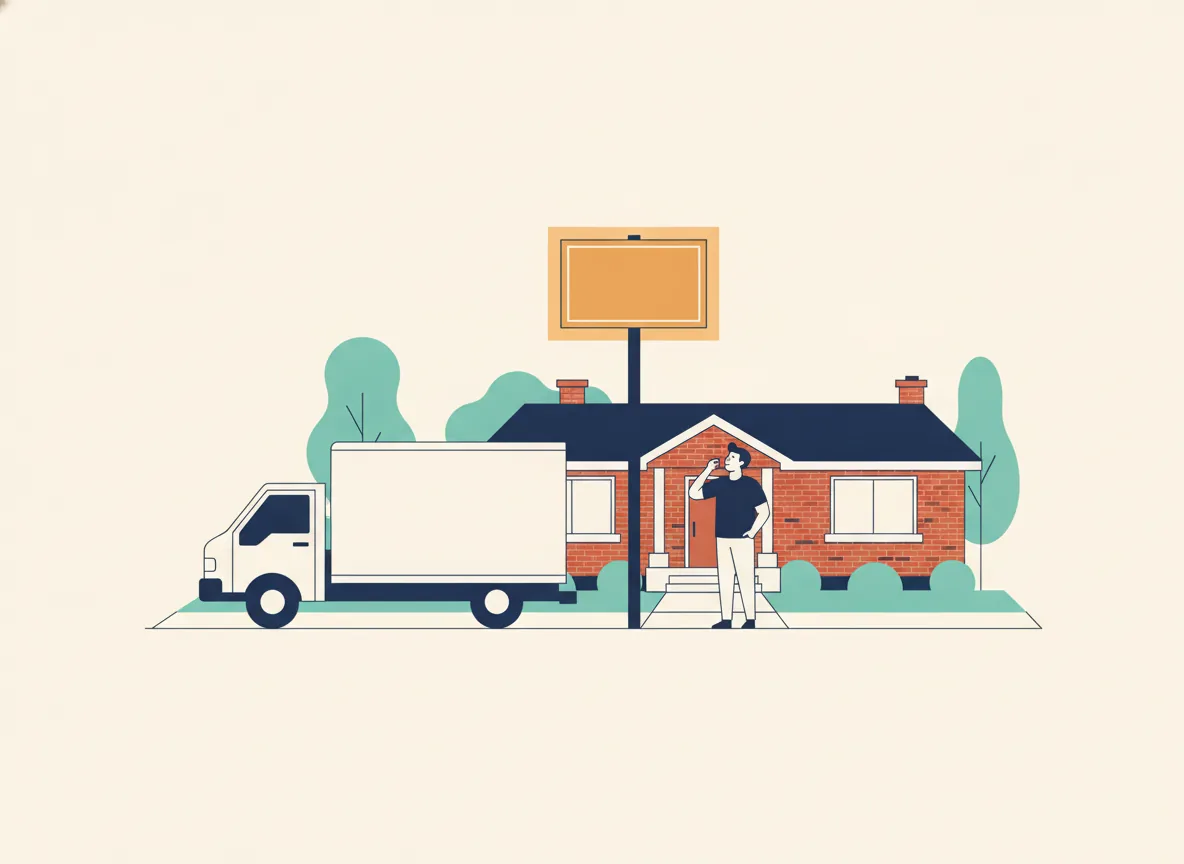 Illustration d'un camion de déménagement à côté d'un panneau de stationnement dynamique allumé devant un bungalow de Laval