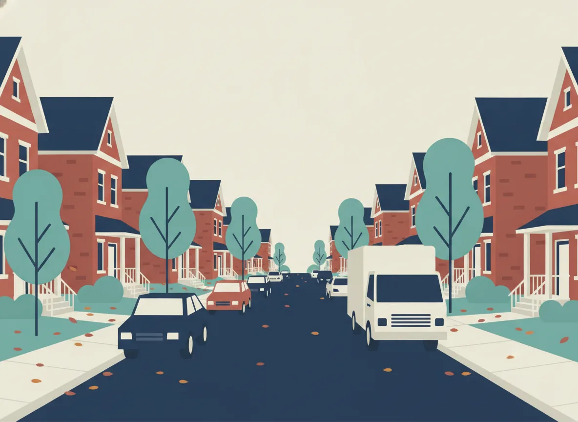 Illustration d'une rue de Laval en automne avec des autos stationnées en alternance et un camion de déménagement du côté permis