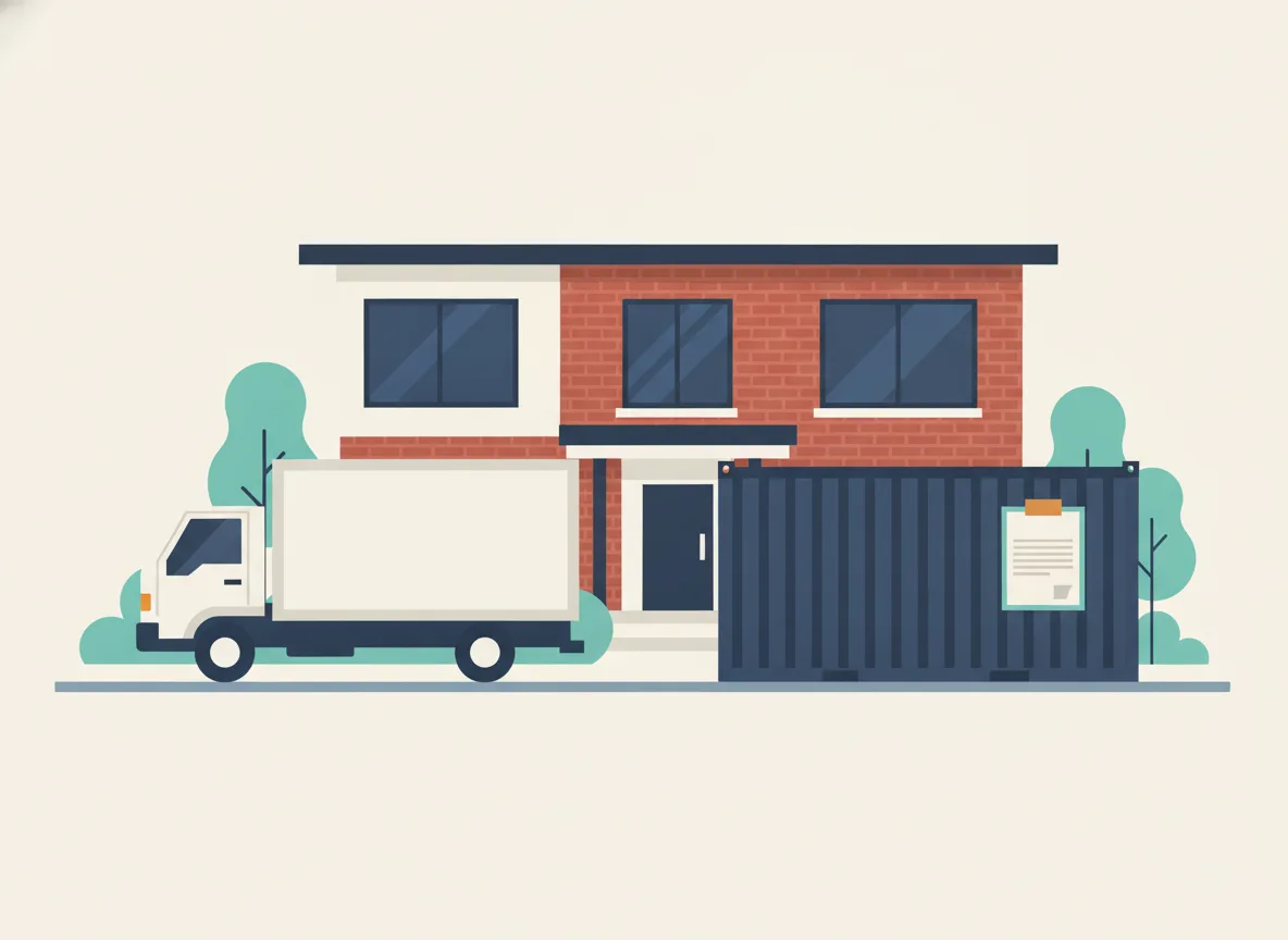 Illustration d'un conteneur d'entreposage dans une rue de Laval devant un split-level, avec un document collé dessus