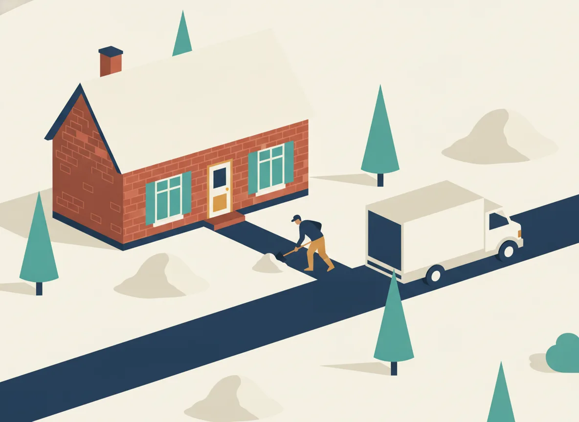 Illustration d'une personne qui pellette l'allée jusqu'à la bordure, neige empilée sur le terrain, un camion de déménagement qui arrive