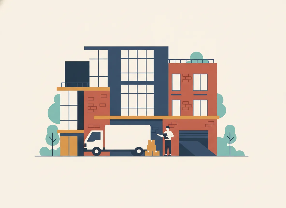 Illustration d'une tour à condos avec un quai de chargement, un camion de déménagement reculé et un gestionnaire d'immeuble avec un bloc-notes