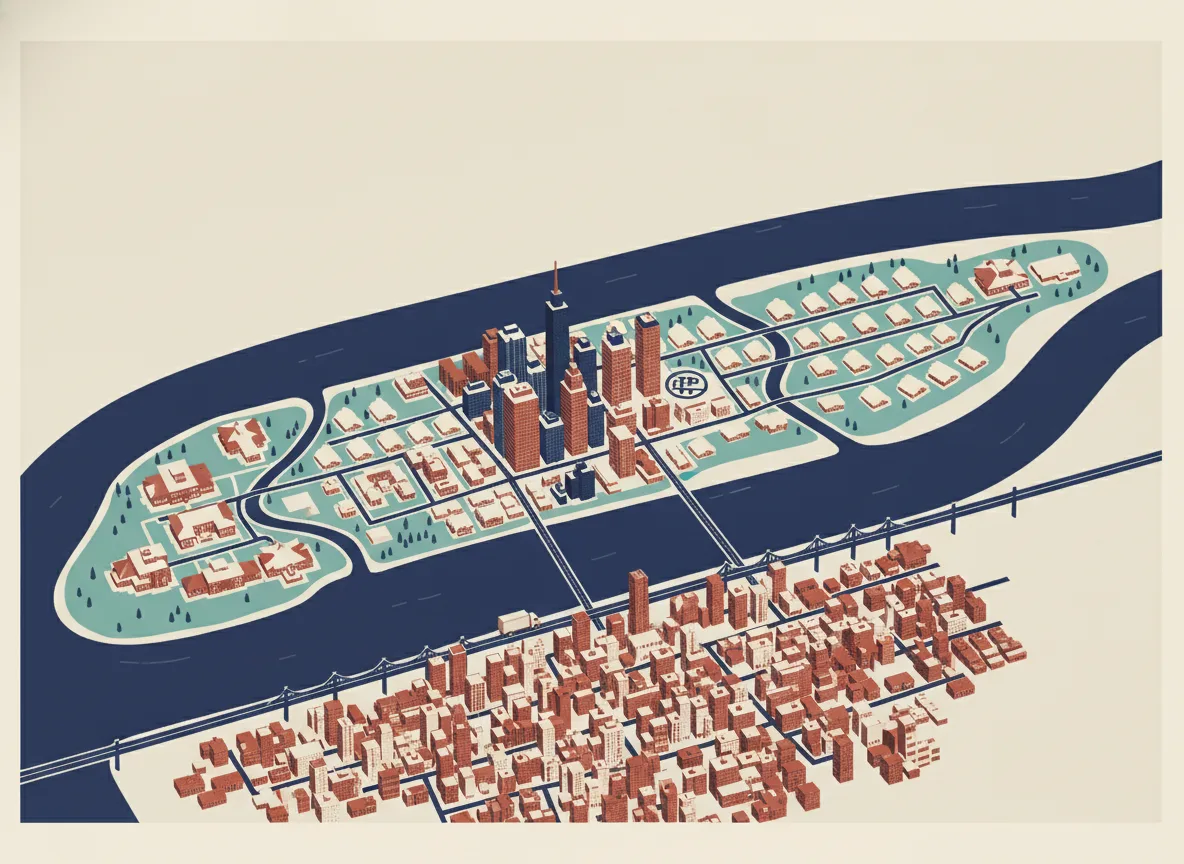 Carte illustrée de l'île de Laval entre deux rivières, avec les ponts vers Montréal, un centre dense près du métro, des banlieues de bungalows et des propriétés à la pointe ouest