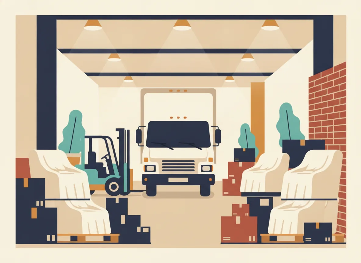 Illustration d'une allée d'entrepôt avec des fauteuils emballés et des boîtes sur palettes et un chariot élévateur