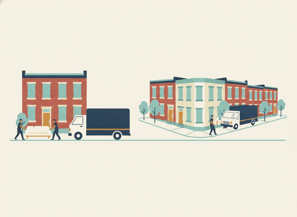 Illustration comparant un camion de déménagement stationné à la porte avec une courte marche et le même camion stationné loin dans la rue avec une longue marche