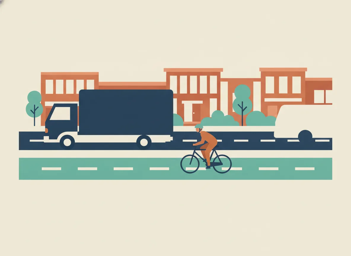 Illustration d'un camion de déménagement arrêté dans une case légale à côté d'une piste cyclable verte, un cycliste qui passe