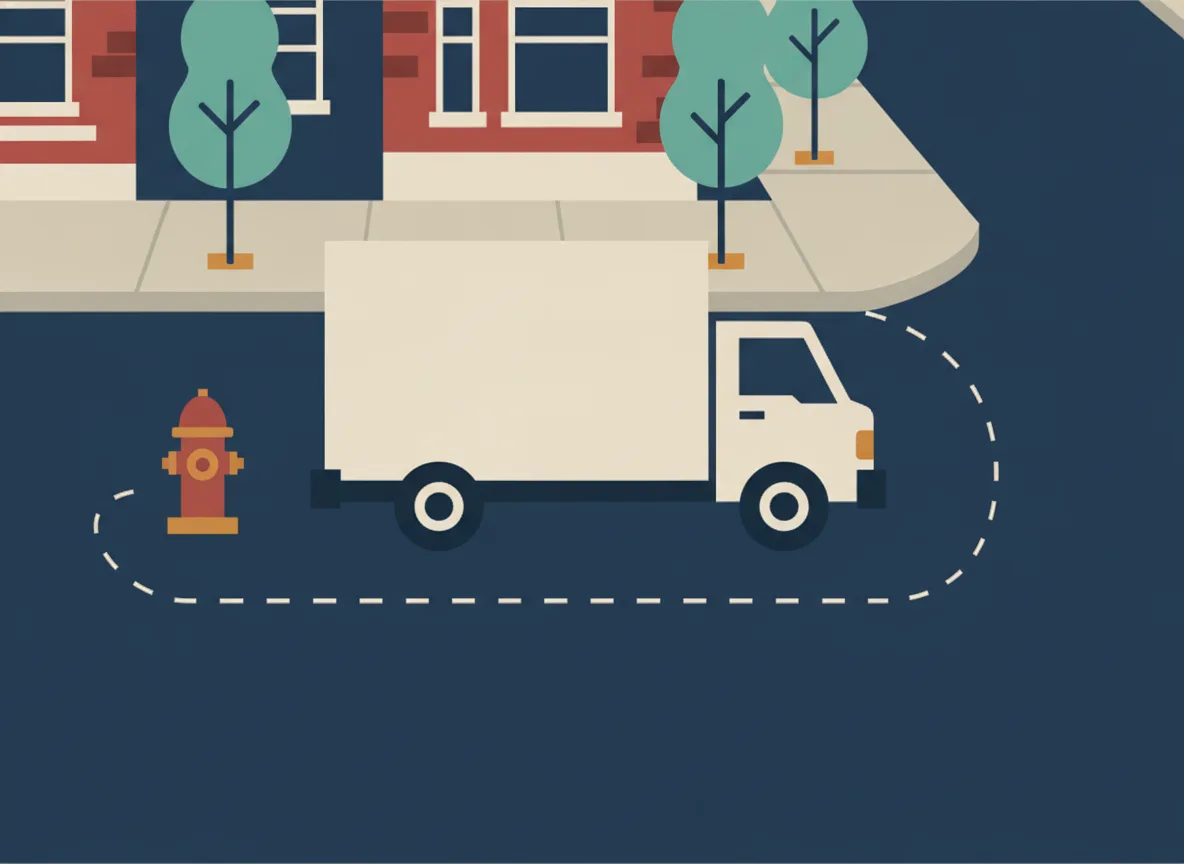 Illustration d'un camion de déménagement stationné à distance d'une borne-fontaine et d'un coin de rue, avec les zones de dégagement marquées