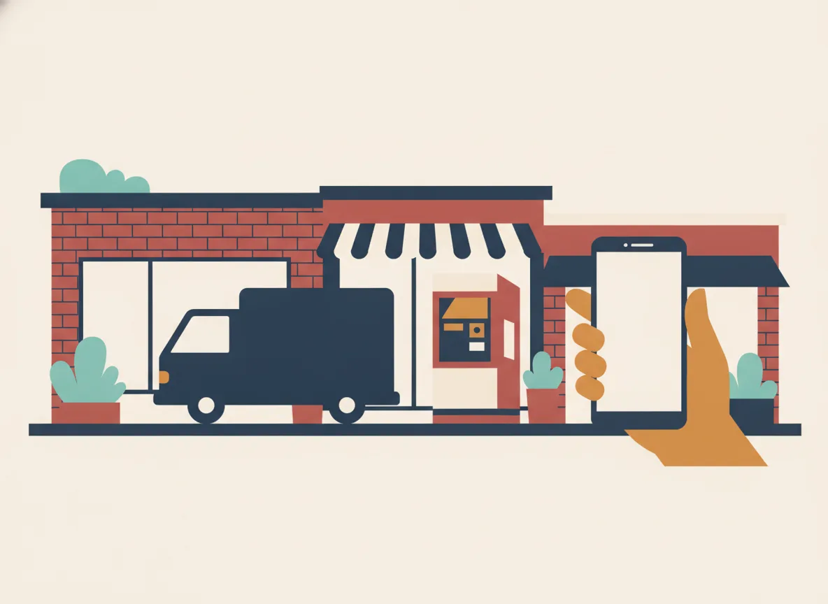 Illustration d'un camion de déménagement à côté d'une borne de paiement de stationnement sur une rue commerciale de Montréal
