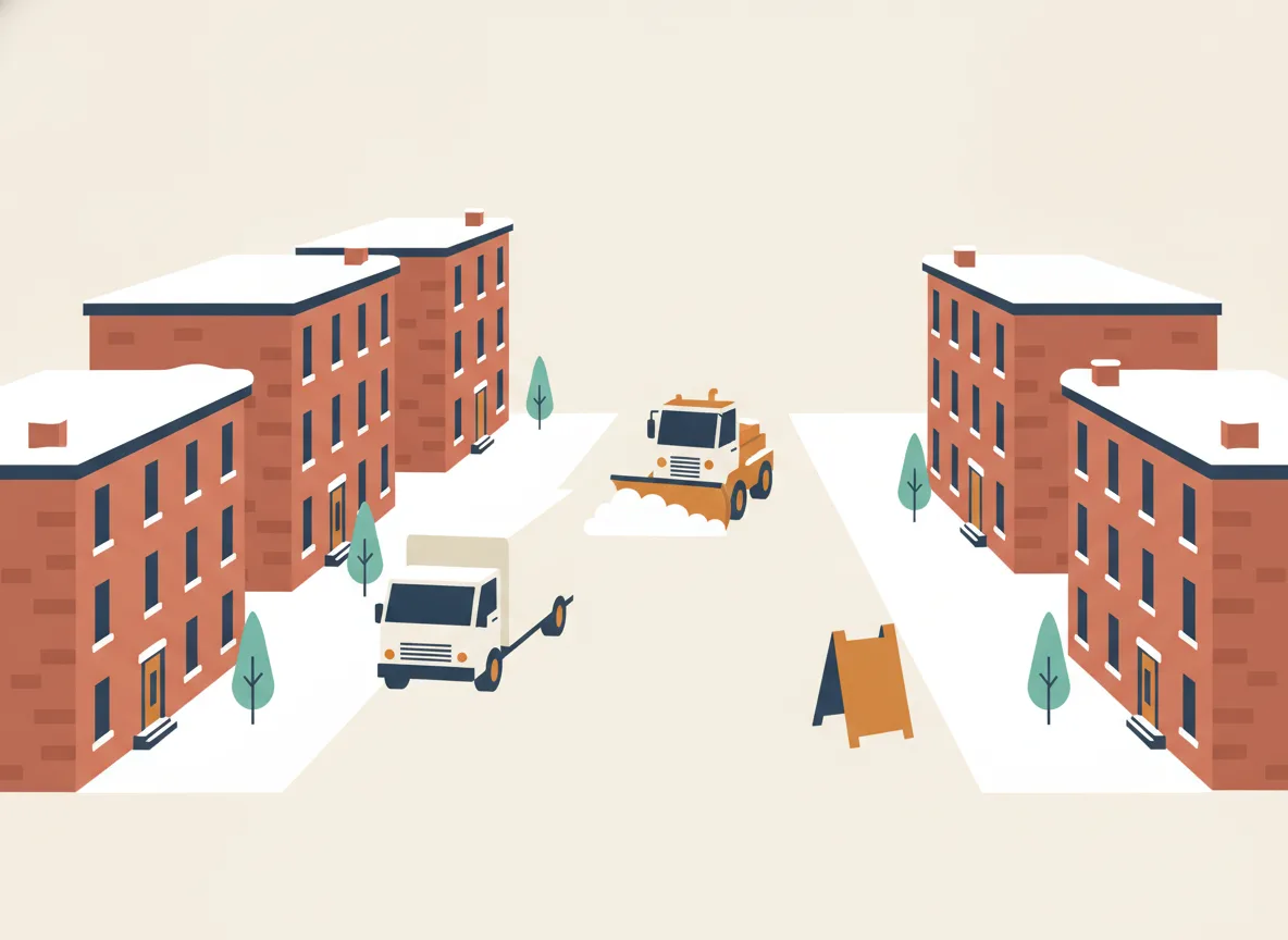 Illustration d'une rue enneigée de Montréal avec un panneau orange temporaire et une charrue au loin