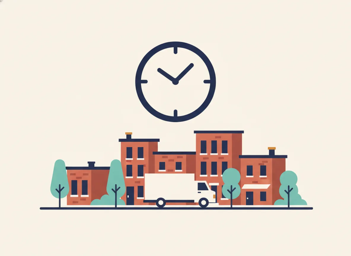 Illustration d'un camion de déménagement dans une rue de Montréal sous une grande horloge, représentant les limites de temps des arrondissements