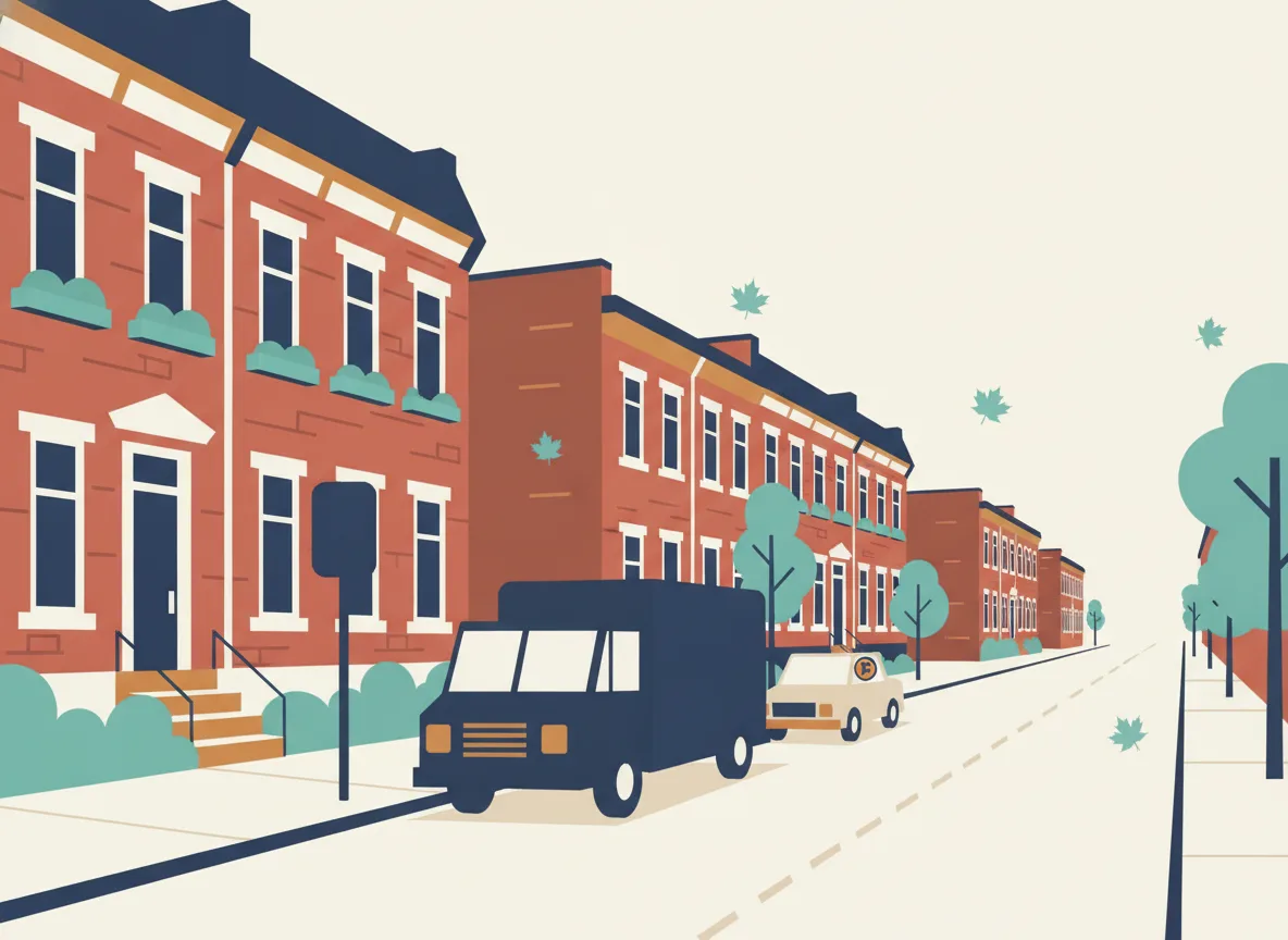 Illustration d'une rue résidentielle de Montréal avec un panneau de stationnement pour résidents et une vignette sur une auto stationnée