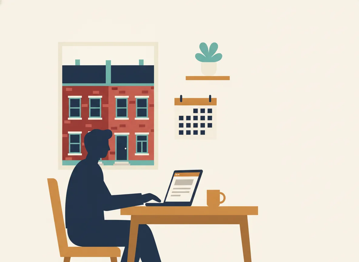 Illustration d'une personne qui remplit le formulaire de permis en ligne de la Ville de Montréal sur un portable à la table de cuisine