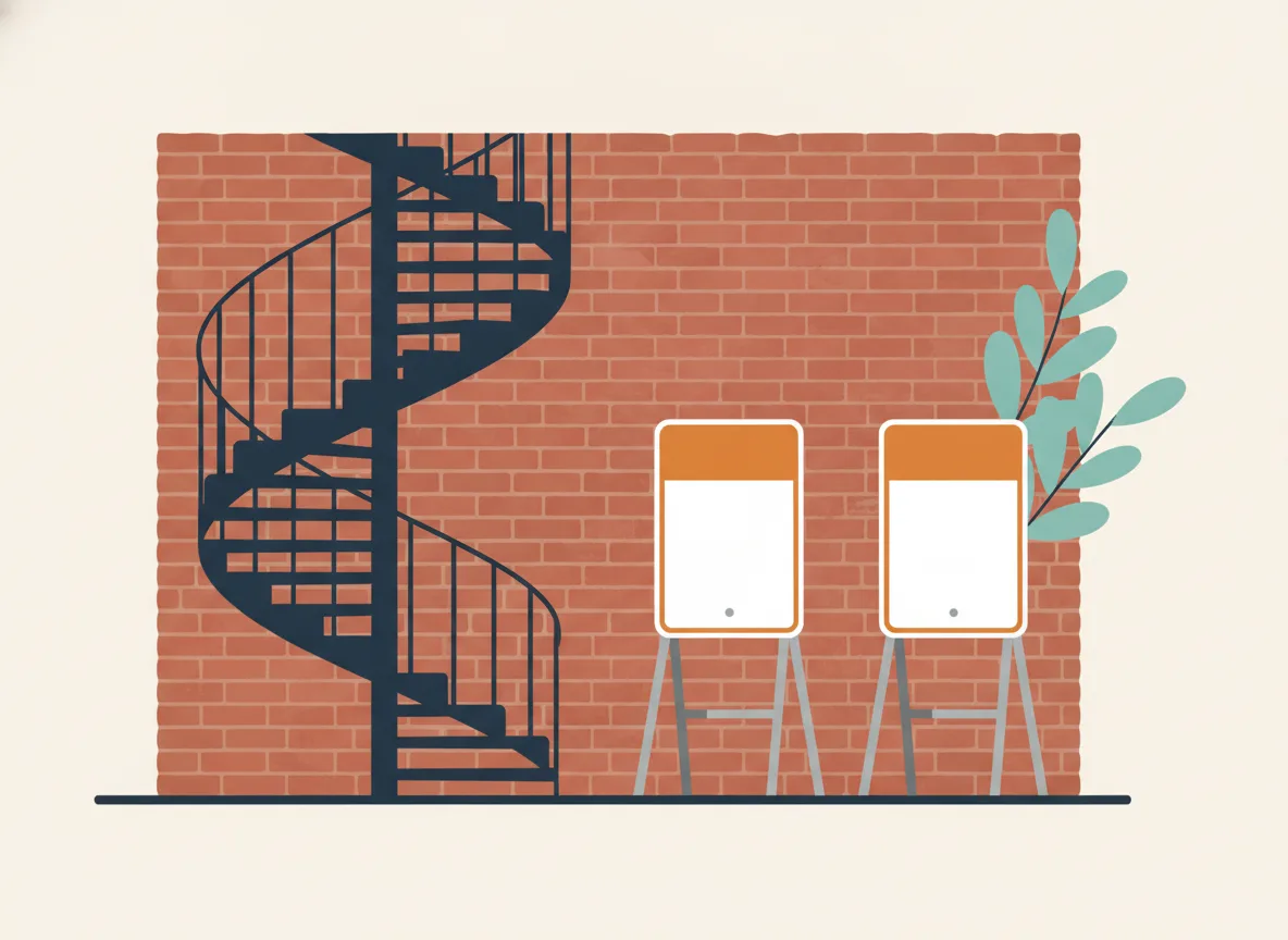 Illustration de deux panneaux orange temporaires d'interdiction de stationner loués, sur supports métalliques, près d'un mur de brique et d'un escalier en colimaçon montréalais